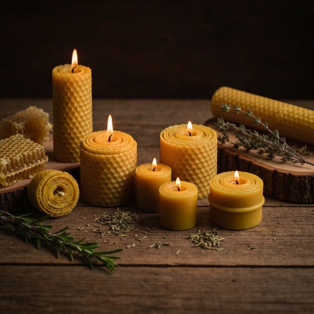 Hand-rolled beeswax candles with warm glow