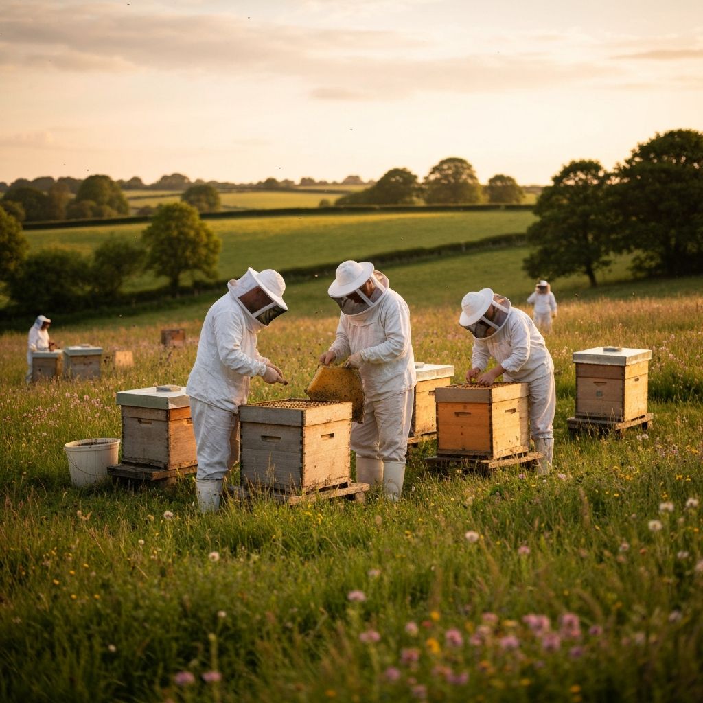 Traditional beekeeping in a wildflower meadow at golden hour